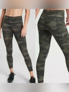 Athleta Camo Contender 7/8 Tights Large Petite Olive Green Black Pocket Leggings